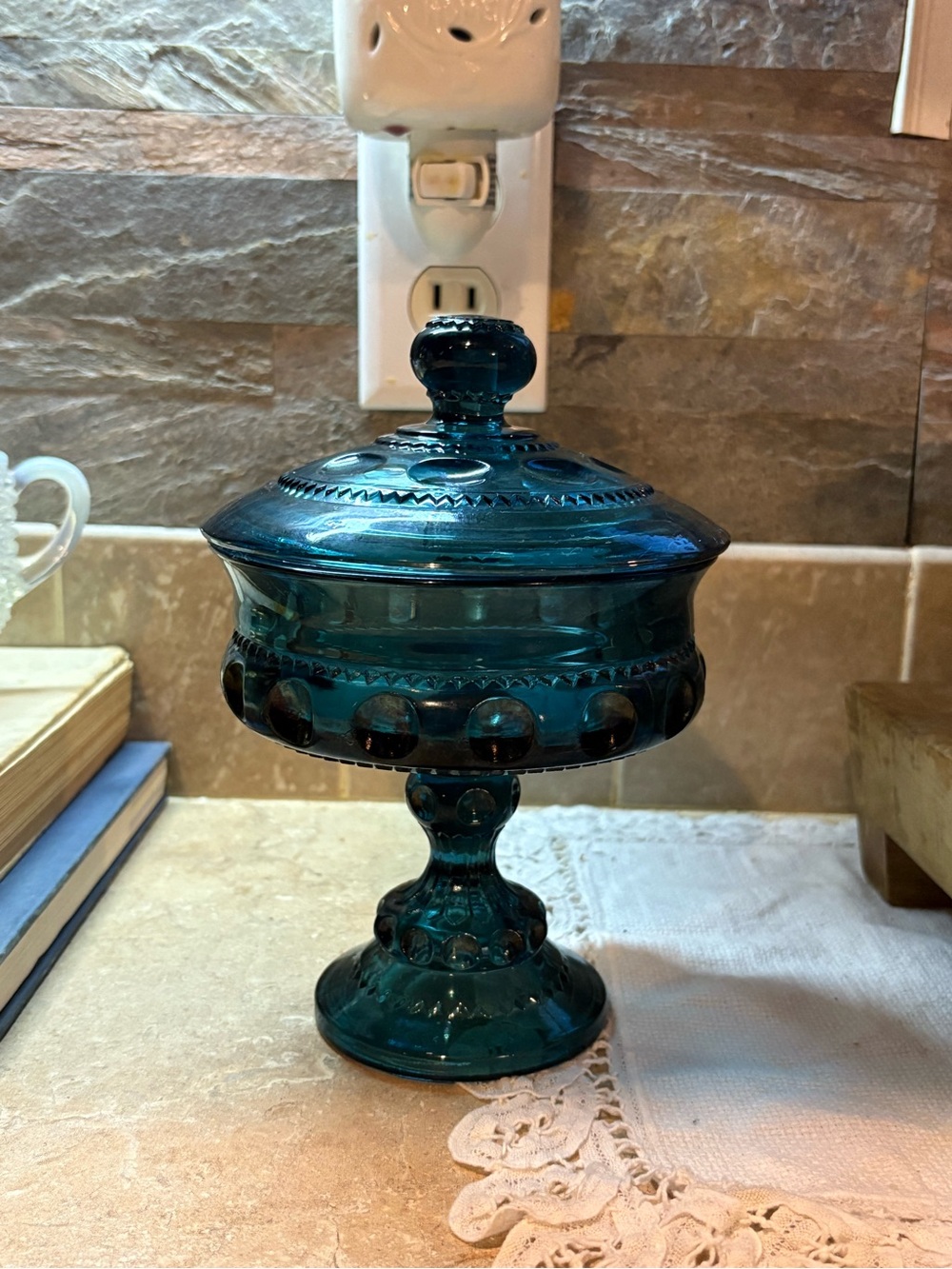 Vintage Indiana Glass Teal Thumbprint Covered Pedestal Candy Dish